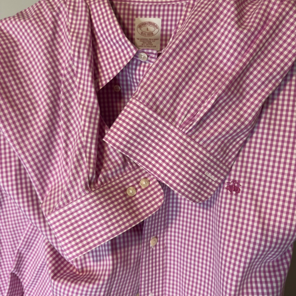 Brooks Brothers Non-Iron Gingham Shirt Mens L Fuchsia White Traditional Fit Polo - Picture 9 of 10